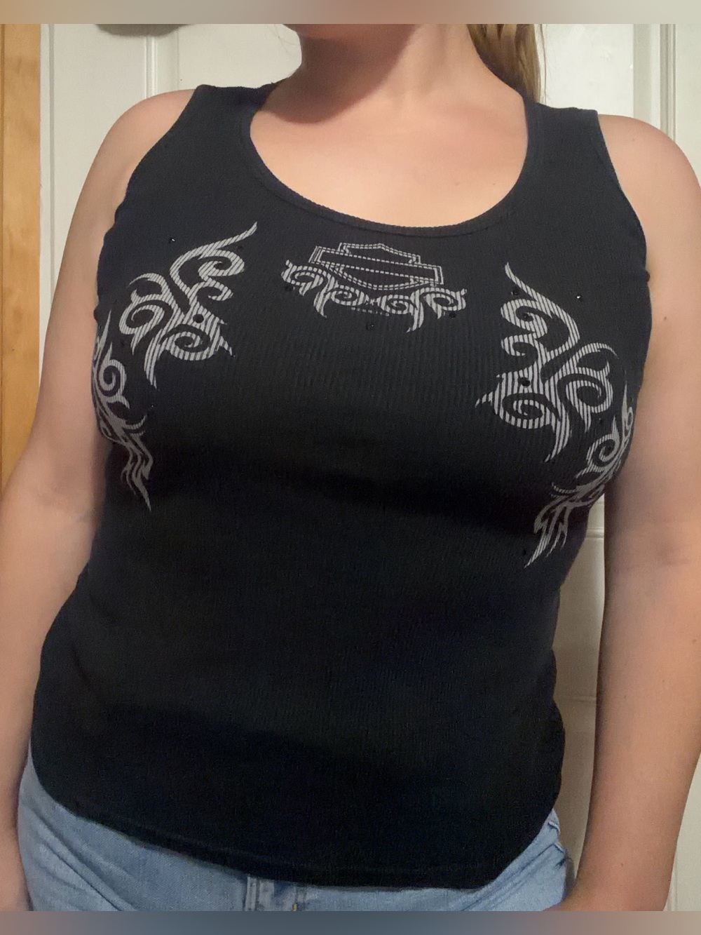Y2K Harley Davidson Black Ribbed Tank with Silver Detailing and Rhinestones